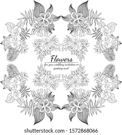 Tropical hand drawn floral frames. Outline set. Jungle foliage illustration. Floral set. Hand drawing. Vector isolated collection. Natural spring wedding card. Summer tropical leaf. Botanical frames