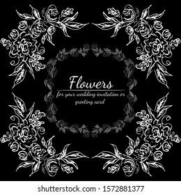 Tropical hand drawn floral frames. Outline set. Jungle foliage illustration. Floral set. Hand drawing. Vector isolated collection. Natural spring wedding card. Summer tropical leaf. Botanical frames