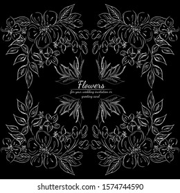 Tropical hand drawn floral frames. Outline set. Jungle foliage illustration. Floral set. Hand drawing. Vector isolated collection. Natural spring wedding card. Summer tropical leaf. Botanical frames