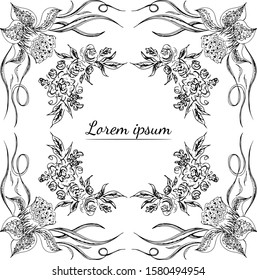 Tropical hand drawn floral frames. Outline set. Jungle foliage illustration. Floral set. Hand drawing. Vector isolated collection. Natural spring wedding card. Summer tropical leaf. Botanical frames