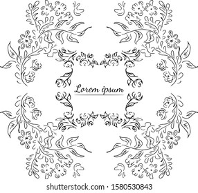 Tropical hand drawn floral frames. Outline set. Jungle foliage illustration. Floral set. Hand drawing. Vector isolated collection. Natural spring wedding card. Summer tropical leaf. Botanical frames