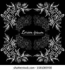 Tropical hand drawn floral frames. Outline set. Jungle foliage illustration. Floral set. Hand drawing. Vector isolated collection. Natural spring wedding card. Summer tropical leaf. Botanical frames