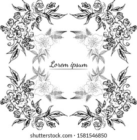 Tropical hand drawn floral frames. Outline set. Jungle foliage illustration. Floral set. Hand drawing. Vector isolated collection. Natural spring wedding card. Summer tropical leaf. Botanical frames