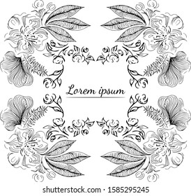 Tropical hand drawn floral frames. Outline set. Jungle foliage illustration. Floral set. Hand drawing. Vector isolated collection. Natural spring wedding card. Summer tropical leaf. Botanical frames