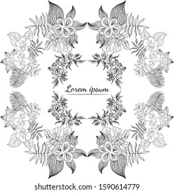 Tropical hand drawn floral frames. Outline set. Jungle foliage illustration. Floral set. Hand drawing. Vector isolated collection. Natural spring wedding card. Summer tropical leaf. Botanical frames
