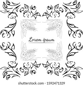 Tropical hand drawn floral frames. Outline set. Jungle foliage illustration. Floral set. Hand drawing. Vector isolated collection. Natural spring wedding card. Summer tropical leaf. Botanical frames
