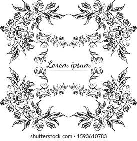 Tropical hand drawn floral frames. Outline set. Jungle foliage illustration. Floral set. Hand drawing. Vector isolated collection. Natural spring wedding card. Summer tropical leaf. Botanical frames