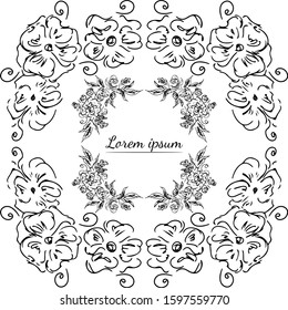 Tropical hand drawn floral frames. Outline set. Jungle foliage illustration. Floral set. Hand drawing. Vector isolated collection. Natural spring wedding card. Summer tropical leaf. Botanical frames