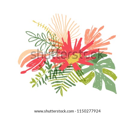 Tropical hand drawn flower leaf composition, vector illustration isolated on white background. Floral doodle style, paradise bouquet