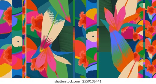 Tropical hand drawn flowers pattern. Dynamic botanical print. Unique fashionable template for design. 