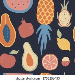 Tropical hand drawn fruit in jungle. Exotic seamless pattern on isolated dark background. 