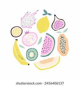 Tropical hand drawn fruit set. Freehand fruits collection. Vector illustration