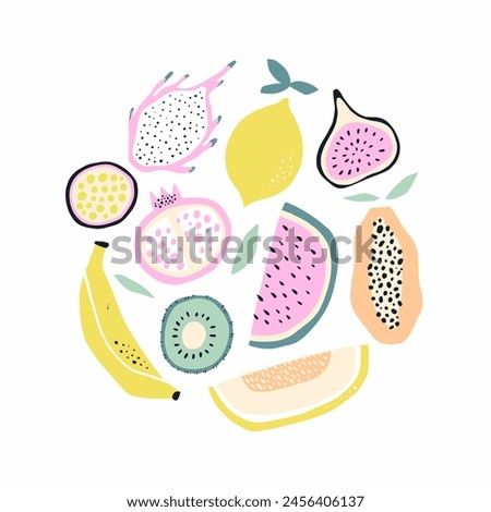 Tropical hand drawn fruit set. Freehand fruits collection. Vector illustration
