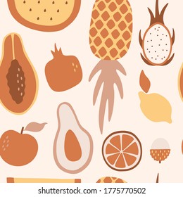 Tropical hand drawn fruits in jungle. Exotic seamless pattern in pastel colors, isolated vector illustration.