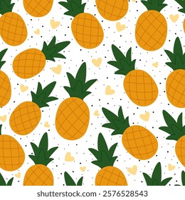 Tropical hand drawn pineapples and hearts seamless pattern. Exotic cute fruit background. Perfect for fabric, wallpaper, textile and other design.