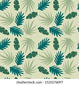 Tropical hand drawn seamless pattern. Trendy exotic plant drawing. Silhouette of banana, palm, fan palm, aralia leaves. Modern textile, branding, packaging, wrapping paper.