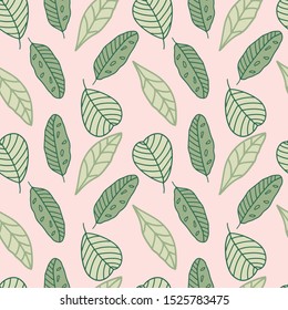 Tropical hand drawn seamless pattern. Trendy exotic plant drawing. Silhouette of banana, palm and other leaves. Modern textile, branding, packaging, wrapping paper.