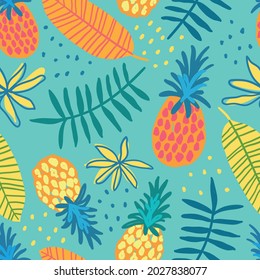 Tropical hand drawn seamless pattern for apparel design, textile, clothes. Hawaiian background. Pineapple and leaves seamless pattern.