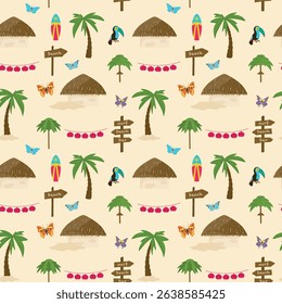 Tropical hand drawn seamless pattern on a sand color background. Palm tree, bungalow, toucan, surfboard, butterfly, wooden sign. Vector illustration in cartoon style. Tropical pattern.