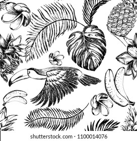 Tropical hand drawn semless pattern for any purpose. Black and white tucan, leaves, ananas, banana, and flowers. Vector illustration. EPS 10