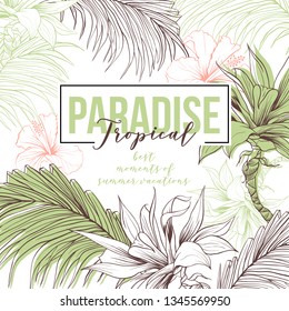 Tropical hand drawn social media banner. Beach party invitation template. Exotic palm leaves ink pen drawing. Floral border. Hibiscus flowers outline sketch. Plant exhibition poster with text space