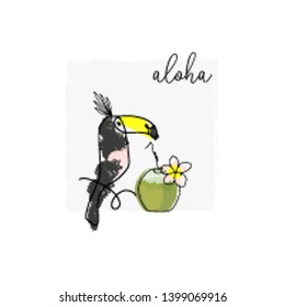 tropical hand drawn toucan bird in cartoon hand drawn style