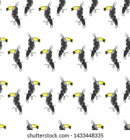 tropical hand drawn toucan bird seamless pattern in cartoon hand drawn style