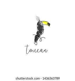 tropical hand drawn toucan bird in cartoon hand drawn childish style