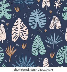 Tropical hand drawn vector seamless pattern. Exotic plant drawing. Scandinavian style backdrop. Stylized banana, palm, monstera, aralia leaves. Botanical wrapping paper, textile, background design