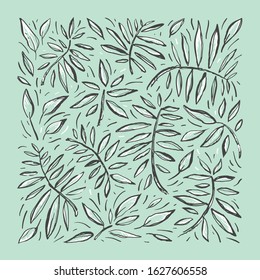 Tropical hand drawn vector sketch pattern with leaves. Abstract exotic stylized plant drawing on a blue backgrounds. Botanical design for cover, textile, t shirt, bag