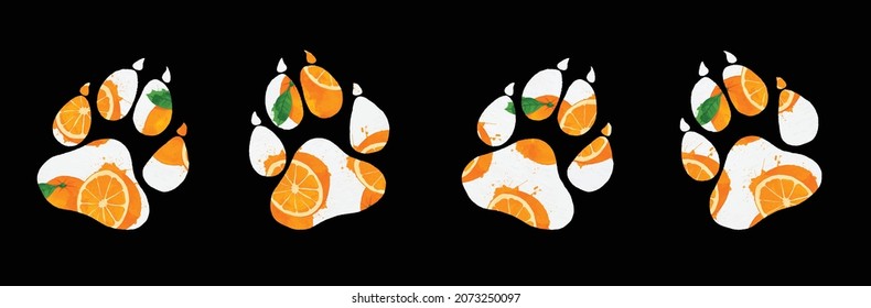 Tropical hand drawn water colour animal footprints. silhouette of a paw print. Vector Illustration.