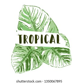 Tropical hand painted palm leaves summer background for advertising, invitations, social media, fashion, web, brochures, posters, headers etc