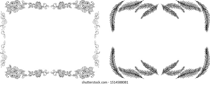 Tropical hand-drawn floral rectangular shaped frames. Outline set. Jungle illustration. Floral set. Vector isolated collection. Natural spring wedding card. Summer tropical leaf. Botanical frames