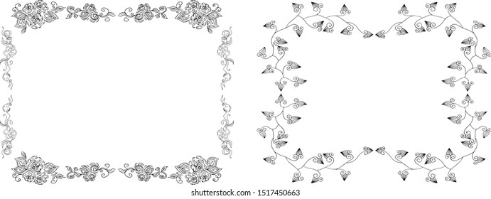 Tropical hand-drawn floral rectangular shaped frames. Outline set. Jungle illustration. Floral set. Vector isolated collection. Natural spring wedding card. Summer tropical leaf. Botanical frames