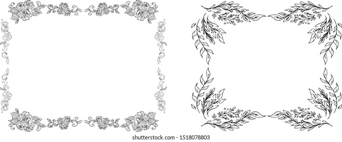 Tropical hand-drawn floral rectangular shaped frames. Outline set. Jungle illustration. Floral set. Vector isolated collection. Natural spring wedding card. Summer tropical leaf. Botanical frames