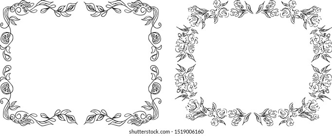 Tropical hand-drawn floral rectangular shaped frames. Outline set. Jungle illustration. Floral set. Vector isolated collection. Natural spring wedding card. Summer tropical leaf. Botanical frames
