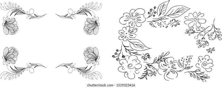 Tropical hand-drawn floral rectangular shaped frames. Outline set. Jungle illustration. Floral set. Vector isolated collection. Natural spring wedding card. Summer tropical leaf. Botanical frames