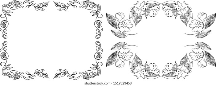 Tropical hand-drawn floral rectangular shaped frames. Outline set. Jungle illustration. Floral set. Vector isolated collection. Natural spring wedding card. Summer tropical leaf. Botanical frames