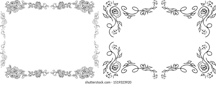 Tropical hand-drawn floral rectangular shaped frames. Outline set. Jungle illustration. Floral set. Vector isolated collection. Natural spring wedding card. Summer tropical leaf. Botanical frames