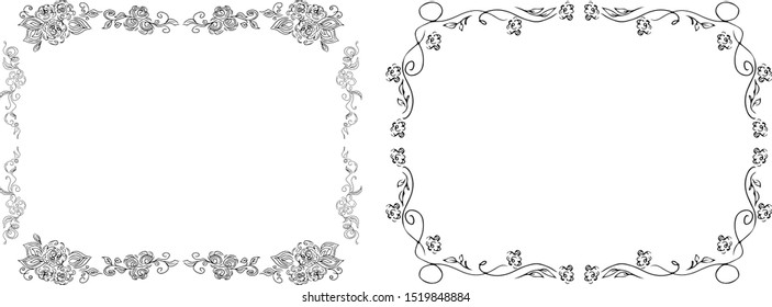 Tropical hand-drawn floral rectangular shaped frames. Outline set. Jungle illustration. Floral set. Vector isolated collection. Natural spring wedding card. Summer tropical leaf. Botanical frames