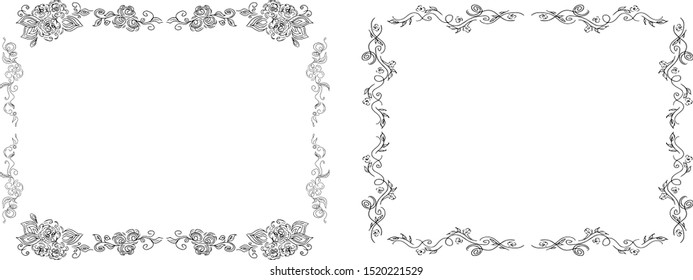 Tropical hand-drawn floral rectangular shaped frames. Outline set. Jungle illustration. Floral set. Vector isolated collection. Natural spring wedding card. Summer tropical leaf. Botanical frames