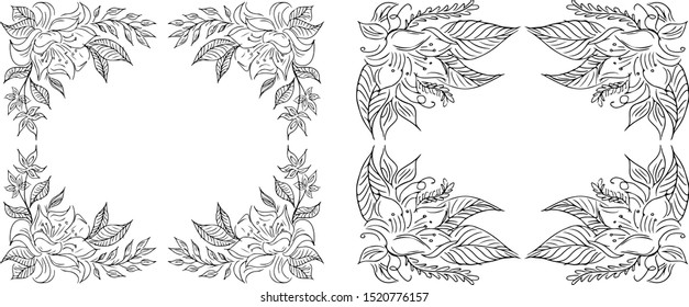 Tropical hand-drawn floral rectangular shaped frames. Outline set. Jungle illustration. Floral set. Vector isolated collection. Natural spring wedding card. Summer tropical leaf. Botanical frames