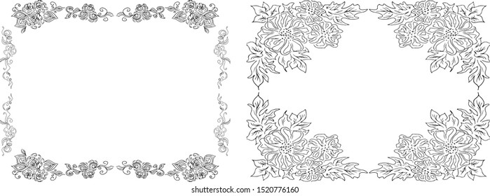 Tropical hand-drawn floral rectangular shaped frames. Outline set. Jungle illustration. Floral set. Vector isolated collection. Natural spring wedding card. Summer tropical leaf. Botanical frames