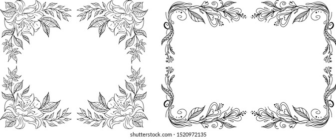 Tropical hand-drawn floral rectangular shaped frames. Outline set. Jungle illustration. Floral set. Vector isolated collection. Natural spring wedding card. Summer tropical leaf. Botanical frames