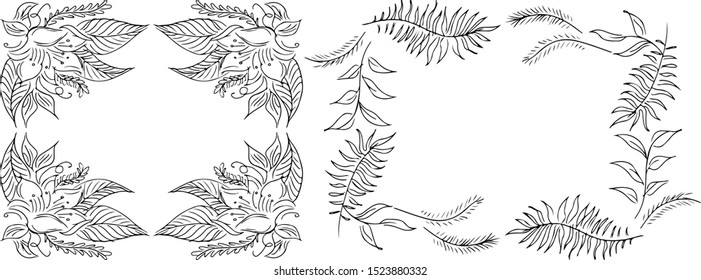 Tropical hand-drawn floral rectangular shaped frames. Outline set. Jungle illustration. Floral set. Vector isolated collection. Natural spring wedding card. Summer tropical leaf. Botanical frames