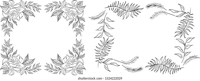 Tropical hand-drawn floral rectangular shaped frames. Outline set. Jungle illustration. Floral set. Vector isolated collection. Natural spring wedding card. Summer tropical leaf. Botanical frames