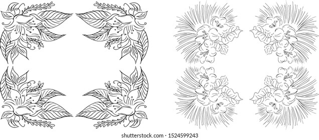 Tropical hand-drawn floral rectangular shaped frames. Outline set. Jungle illustration. Floral set. Vector isolated collection. Natural spring wedding card. Summer tropical leaf. Botanical frames