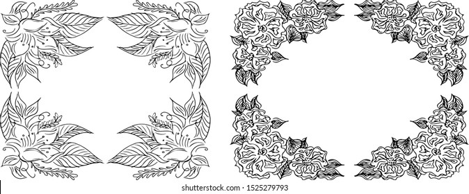 Tropical hand-drawn floral rectangular shaped frames. Outline set. Jungle illustration. Floral set. Vector isolated collection. Natural spring wedding card. Summer tropical leaf. Botanical frames