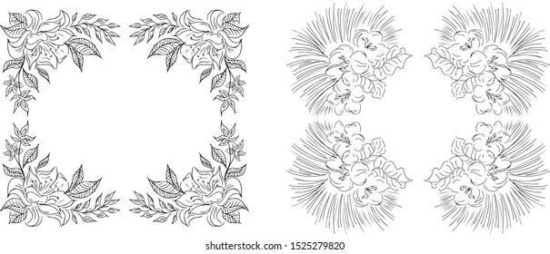 Tropical hand-drawn floral rectangular shaped frames. Outline set. Jungle illustration. Floral set. Vector isolated collection. Natural spring wedding card. Summer tropical leaf. Botanical frames