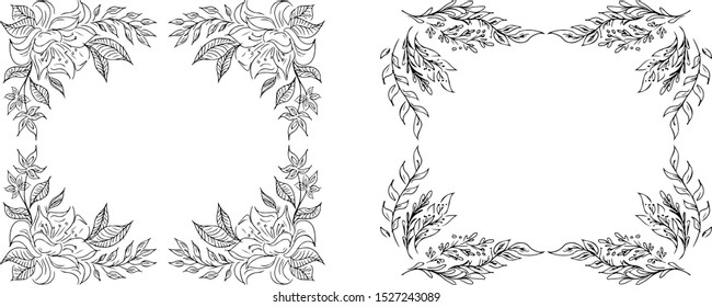 Tropical hand-drawn floral rectangular shaped frames. Outline set. Jungle illustration. Floral set. Vector isolated collection. Natural spring wedding card. Summer tropical leaf. Botanical frames